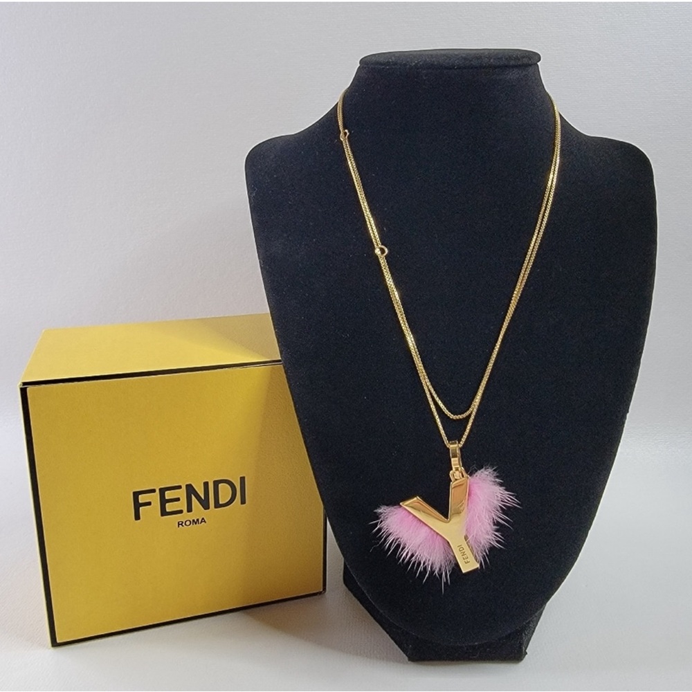 Fendi Gold and Pink Fur Pendant Necklace